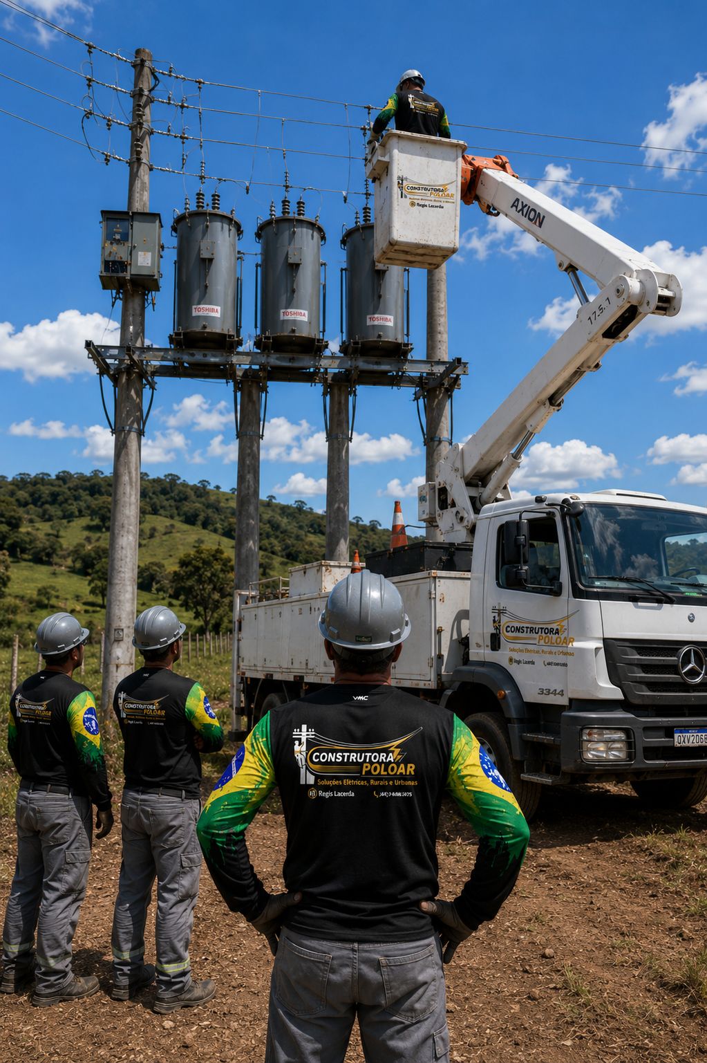 Equipe da Construtora Poloar trabalhando com caminhão de cesto aéreo em estrutura com transformadores